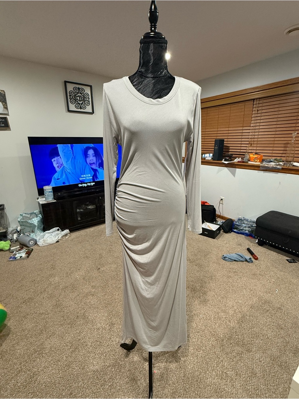JustFab Light Gray Long Sleeve Ruched Maxi Dress